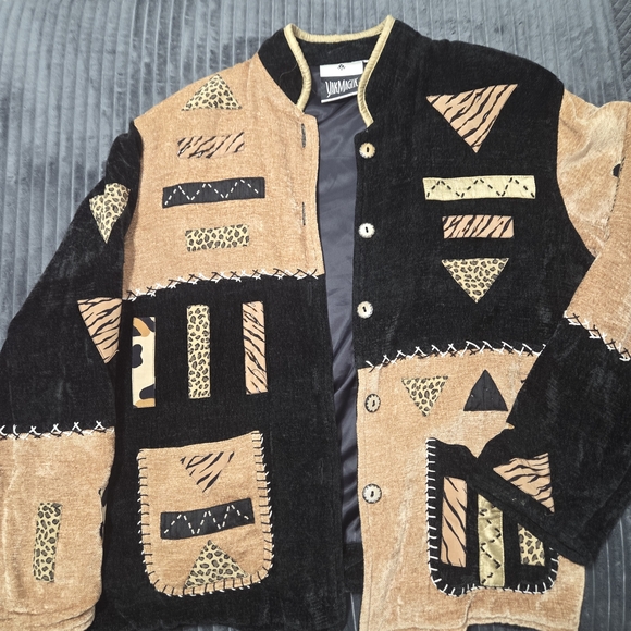 Yak Magik Jackets & Blazers - Yak Magic Cardigan Jacket Size Medium Button Up Black Brown Animal Print Beaded